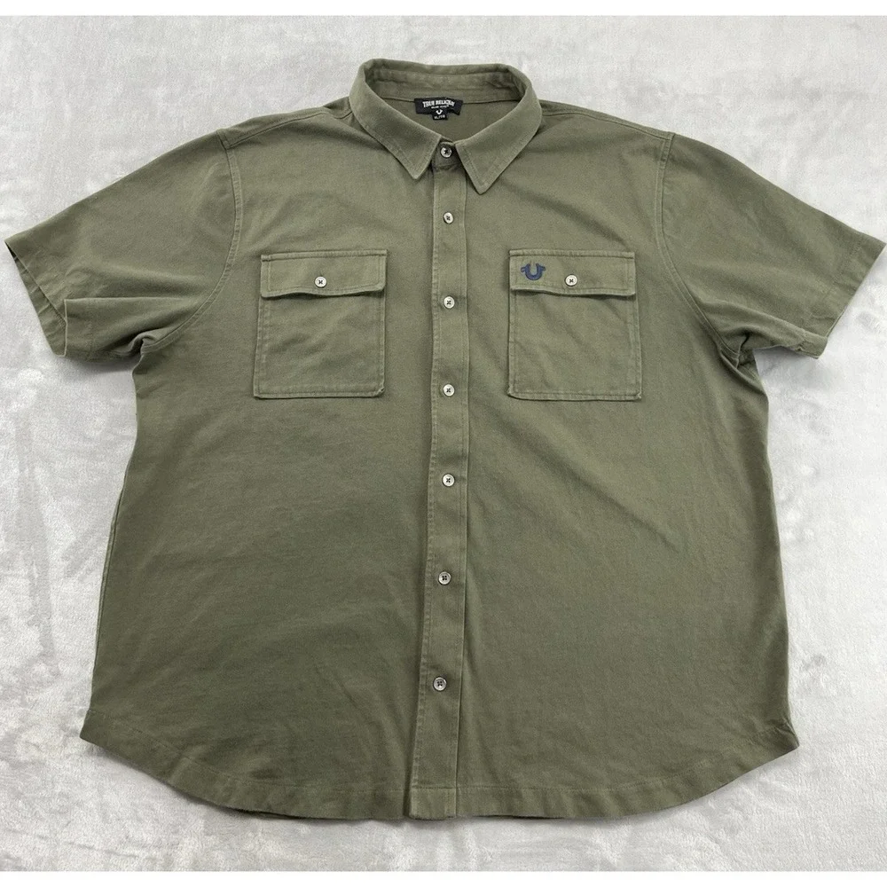 True Religion Triple Needle Knit Shirt Men XL Olive Two Chest Pocket Button Up